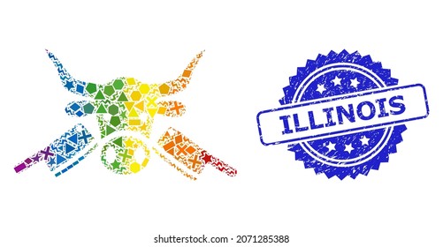 Spectrum colorful vector butchery collage for LGBT, and Illinois grunge rosette seal. Blue seal includes Illinois title inside rosette.