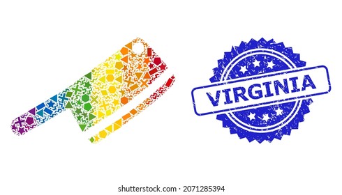 Spectrum colorful vector butchery knife mosaic for LGBT, and Virginia grunge rosette stamp seal. Blue stamp seal contains Virginia tag inside rosette.