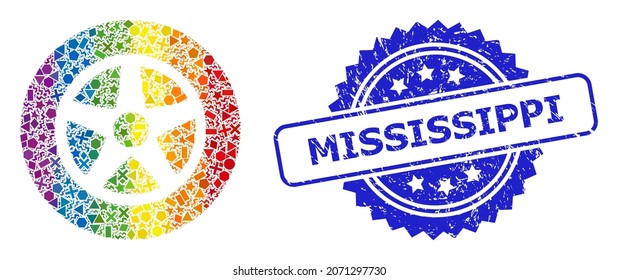 Spectrum colorful vector car wheel collage for LGBT, and Mississippi scratched rosette seal. Blue stamp seal contains Mississippi caption inside rosette.