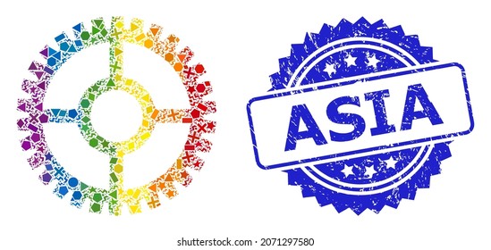 Spectrum colorful vector clock cog collage for LGBT, and Asia unclean rosette stamp seal. Blue stamp seal includes Asia text inside rosette.