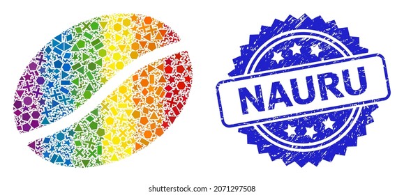 Espectro colorido mosaico de café vectorial frijol para LGBT, y sello Nauru grunge rosette. El sello azul contiene la leyenda de Nauru dentro de la roseta.