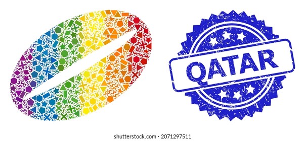 Spectrum colorful vector coffee bean mosaic for LGBT, and Qatar dirty rosette stamp seal. Blue stamp seal includes Qatar tag inside rosette.