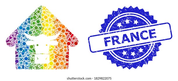 Spectrum colorful vector cow farm mosaic for LGBT, and France corroded rosette stamp seal. Blue stamp contains France tag inside rosette.