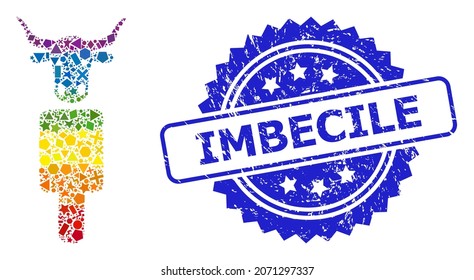 Espectro colorido mosaico de vectores de vaca para LGBT, e Imbecile imitación de rosette sucio de sellado. El sello azul tiene la leyenda Imbecile dentro de la roseta.