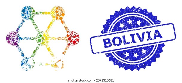 Spectrum bunt Vektorbeschädigte Blockchain Mosaik für LGBT, und Bolivien Gummi Rosette Robbenimitation. Das blaue Siegel enthält Bolivientext in Rosette.