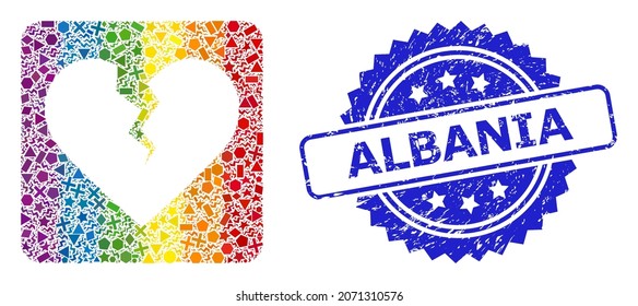 Spectrum colorful vector divorce heart collage for LGBT, and Albania dirty rosette stamp seal. Blue stamp seal has Albania text inside rosette.