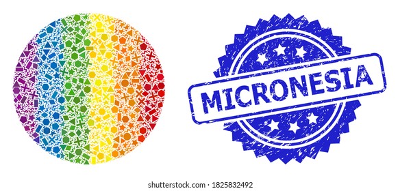 Spectrum colorful vector filled circle mosaic for LGBT, and Micronesia textured rosette stamp seal. Blue stamp seal has Micronesia caption inside rosette.