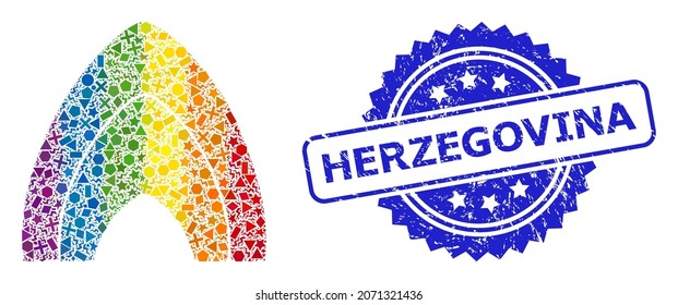 Collage de la llama del fuego del vector del espectro colorido para el sello de la rosetta de LGBT y Herzegovina arañado. El sello azul incluye la leyenda de Herzegovina dentro de la roseta.