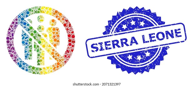Spectrum colorful vector forbidden crowd collage for LGBT, and Sierra Leone grunge rosette seal imitation. Blue seal includes Sierra Leone title inside rosette.