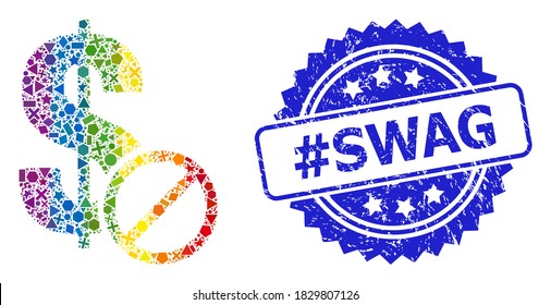 Spectrum colorful vector forbidden dollar mosaic for LGBT, and #Swag rubber rosette seal. Blue seal has #Swag tag inside rosette.