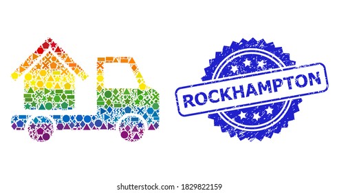 Spectrum colorful vector house trailer mosaic for LGBT, and Rockhampton textured rosette stamp. Blue stamp has Rockhampton tag inside rosette.