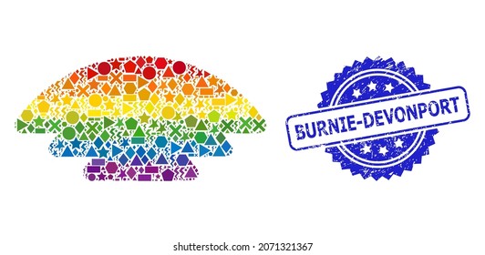 Spectrum colorful vector ice hill collage for LGBT, and Burnie-Devonport textured rosette seal imitation. Blue stamp contains Burnie-Devonport text inside rosette.