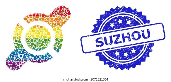 Spectrum colorful vector joint connection mosaic for LGBT, and Suzhou unclean rosette stamp seal. Blue stamp seal has Suzhou tag inside rosette.