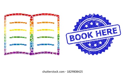 Spectrum colorful vector open book mosaic for LGBT, and Book Here textured rosette seal print. Blue seal has Book Here caption inside rosette.