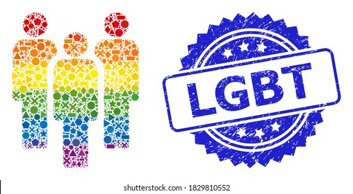 Spectrum colorful vector people mosaic for LGBT, and LGBT grunge rosette seal imitation. Blue seal has LGBT title inside rosette.