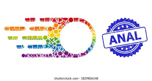 Spectrum colorful vector photon flight collage for LGBT, and Anal scratched rosette stamp seal. Blue stamp seal includes Anal title inside rosette.