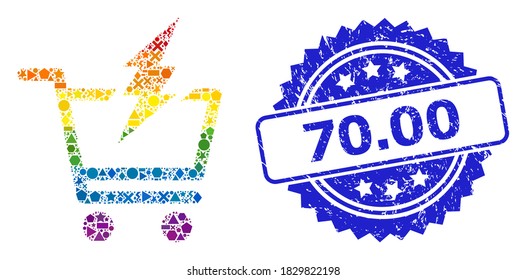Spectrum colorful vector proceed purchase collage for LGBT, and 70.00 textured rosette stamp. Blue stamp seal includes 70.00 tag inside rosette.