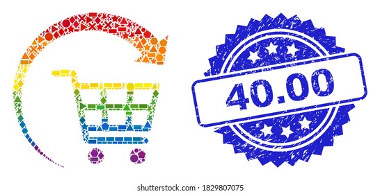 Espectro colorido vector repiten el collage del carrito de la compra para LGBT, y 40.00 sellado sucio del sello de rosette. El sello azul incluye 40.00 etiquetas dentro de rosette.
