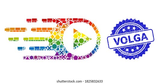 Spectrum bunter Vektorrush rechten Collage für LGBT, und Volga strukturierte Rosette Stempel-Robbe. Die blaue Stempelrobbe hat den Volga-Titel in Rosette.