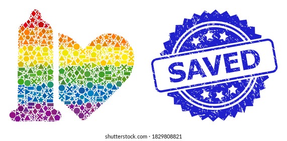 Spectrum colorful vector safe love mosaic for LGBT, and Saved scratched rosette stamp seal. Blue stamp seal has Saved tag inside rosette.