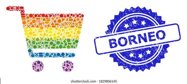 Spectrum colorful vector shopping cart collage for LGBT, and Borneo corroded rosette stamp seal. Blue seal contains Borneo tag inside rosette.