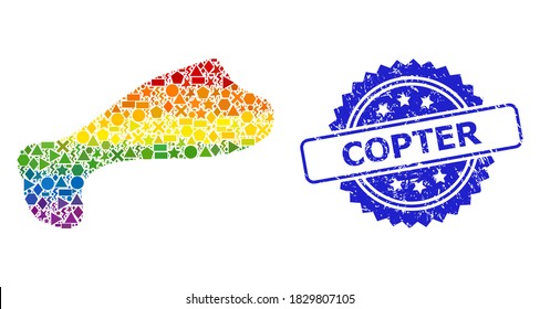 Spectrum colorful vector spot mosaic for LGBT, and Copter corroded rosette stamp seal. Blue stamp seal has Copter title inside rosette.
