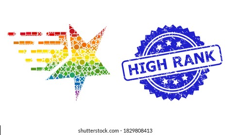 Spectrum colorful vector star collage for LGBT, and High Rank dirty rosette stamp seal. Blue stamp seal contains High Rank text inside rosette.