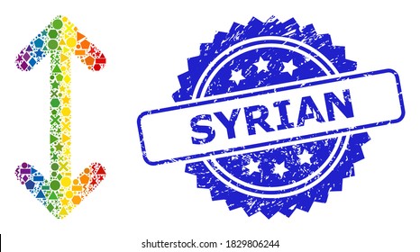 Spectrum colorful vector swap arrows vertically mosaic for LGBT, and Syrian scratched rosette seal print. Blue seal contains Syrian tag inside rosette.