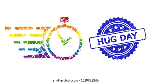 Spectrum colorful vector time collage for LGBT, and Hug Day grunge rosette stamp. Blue stamp seal includes Hug Day caption inside rosette.