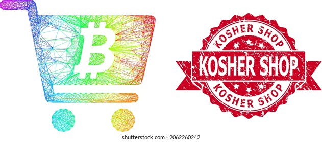 Spectrum colorful wire frame bitcoin webshop, and Kosher Shop unclean ribbon seal. Red seal has Kosher Shop title inside ribbon.Geometric wire carcass flat network based on bitcoin webshop icon,