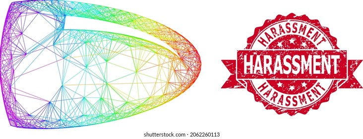 bala de marco de alambre de color espectro y sello de cinta inlimpia de acoso. El sello rojo contiene el título de acoso dentro de la cinta.Red de marco lineal geométrico 2D basada en el icono de la bala,