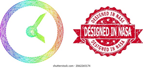 Spectrum colorful wire frame clock, and Designed in NASA rubber ribbon stamp seal. Red seal has Designed in NASA caption inside ribbon.Geometric linear carcass flat network based on clock icon,