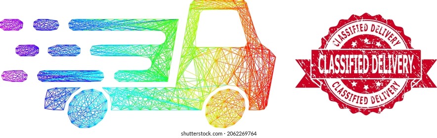 Spectrum colorful wire frame delivery car chassi, and Classified Delivery scratched ribbon seal print. Red stamp contains Classified Delivery caption inside ribbon.
