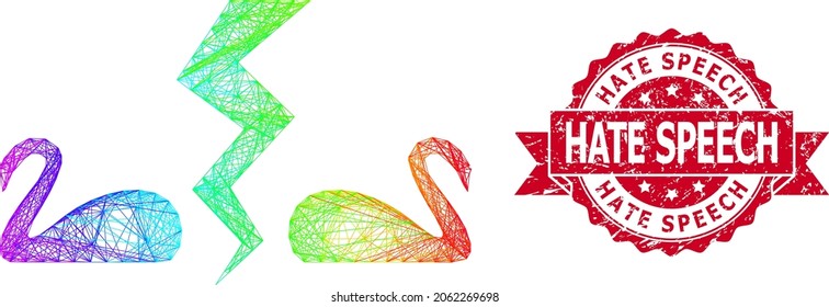 Spectrum colorful wire frame divorce swans, and Hate Speech scratched ribbon stamp. Red stamp contains Hate Speech text inside ribbon.Geometric wire frame flat network based on divorce swans icon,