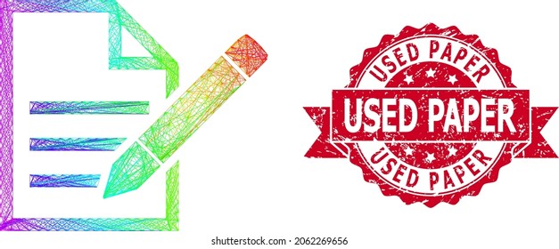 Spectrum colorful wire frame edit text page, and Used Paper dirty ribbon stamp seal. Red stamp includes Used Paper title inside ribbon.Geometric wire frame 2D network based on edit text page icon,
