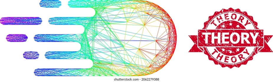 Espectro de vuelo electrónico de marco de alambre colorido y sello de timbre teórico inlimpio. El sello rojo contiene la etiqueta Teoría dentro de la cinta. Red geométrica de la estructura de alambre 2D basada en el icono de vuelo electrónico,