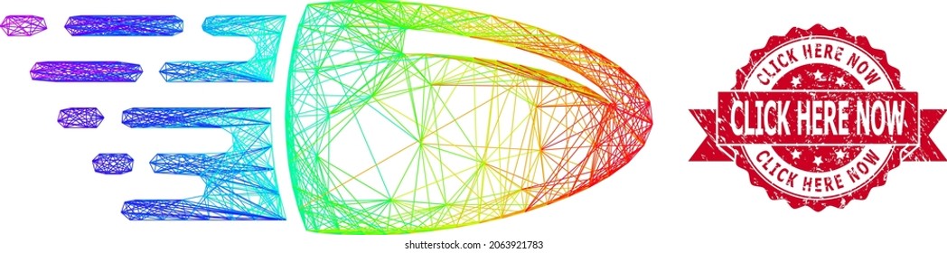 Spectrum colorful wire frame flying bullet, and Click Here Now dirty ribbon seal imitation. Red seal includes Click Here Now tag inside ribbon.