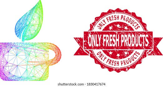 Spectrum colorful wire frame herbal tea, and Only Fresh Products dirty ribbon stamp seal. Red stamp contains Only Fresh Products text inside ribbon.