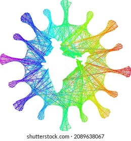 Spectrum bunter Draht Rahmen Indische Covid-Virus. Geometrisches, lineares Flachnetz basierend auf dem indischen Covid-Virus-Symbol, erzeugt mit Kreuzlinien, mit Farbverlauf-Spektrum.