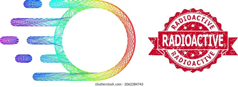 Spectrum colorful wire frame light motion, and Radioactive textured ribbon seal imitation. Red stamp seal has Radioactive text inside ribbon.Geometric linear frame flat net based on light motion icon,