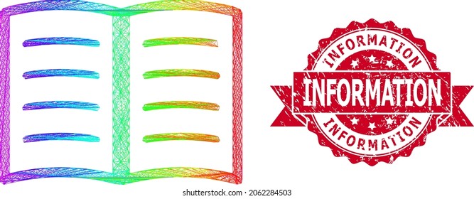 Spectrum colorful wire frame open book, and Information dirty ribbon stamp seal. Red stamp seal includes Information tag inside ribbon.Geometric hatched carcass 2D net based on open book icon,