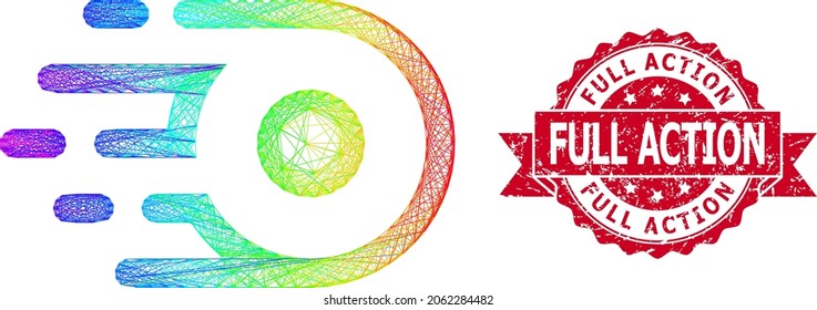 Espectro de movimiento de partitura de marco de alambre colorido y sello de goma de acción completa. El sello rojo tiene la etiqueta Acción completa dentro de la cinta.Red de marco lineal geométrica basada en un icono de movimiento particular,