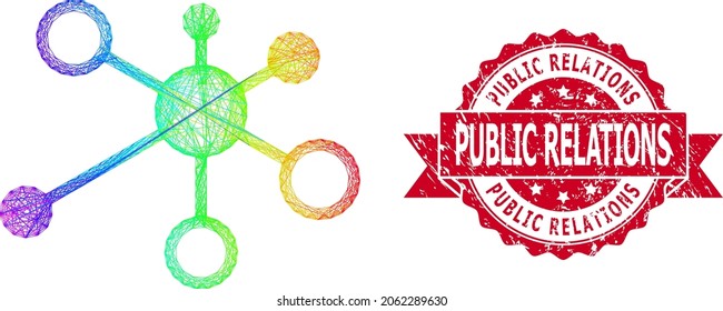 Spectrum colorful wire frame relations, and Public Relations grunge ribbon seal print. Red stamp seal contains Public Relations title inside ribbon.