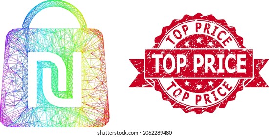 Spectrum colorful wire frame shekel shopping bag, and Top Price rubber ribbon seal. Red seal has Top Price caption inside ribbon.Geometric hatched frame flat net based on shekel shopping bag icon,