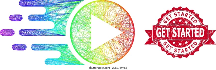 Spectrum colorful wire frame start play, and Get Started textured ribbon seal. Red stamp seal has Get Started text inside ribbon.Geometric linear frame 2D network based on start play icon,