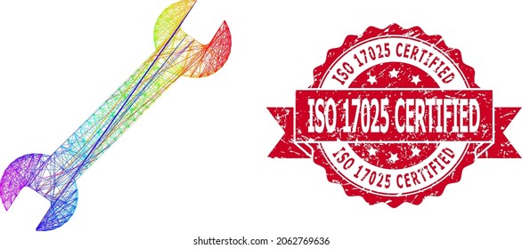 Spectrum colorful wire frame wrench, and ISO 17025 Certified dirty ribbon seal. Red stamp seal includes ISO 17025 Certified title inside ribbon.Geometric wire frame 2D network based on wrench icon, svg