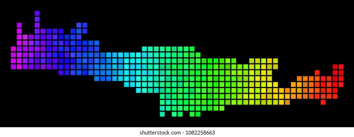 Spectrum Crete Island Map. Vector territorial plan in bright rainbow color tints on a black background. Abstract Crete Island Map collage is formed of multicolored small squares.