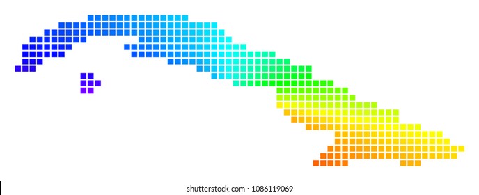 Spectrum Cuba map. Vector dotted geographic map in bright spectrum colors with circular gradient. Multicolored vector abstraction of Cuba map designed from regular square pixels.