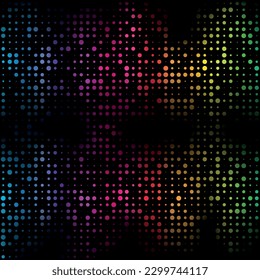 Spectrum disco dot background. Colored rainbow circle on black background. Vector illustration.