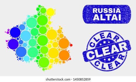 Spectrum dot Altai Republic map and seal stamps. Blue round Clear grunge stamp. Gradiented spectrum Altai Republic map mosaic of scattered circle dots. Clear seal with grunge surface.